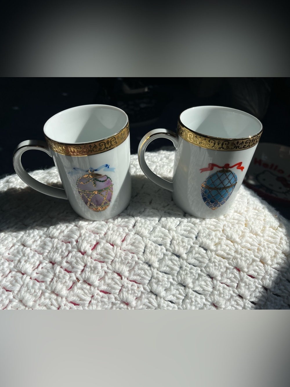 Pair of Royal Gallery Gold Buffet Blue
Red Bow Faberge Egg Mugs
Porcelain 1991